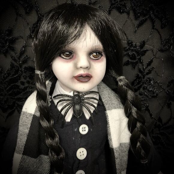 OOAK Creepy Odd 16” Wednesday Addams Halloween Inspired Artist Fan Art Doll - Picture 11 of 16